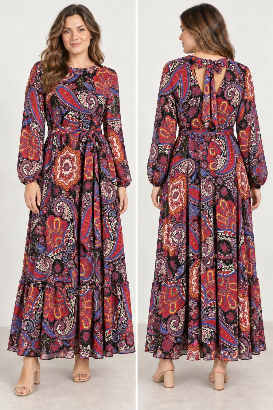 Tahari ASL Metallic Paisley Maxi Dress Size 12 Long Sleeve Belted NWT